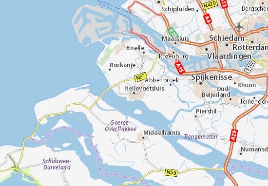 Kaart van het werkgebied van Cindy's Kraamzorg rond Hellevoetsluis, Brielle en Spijkenisse